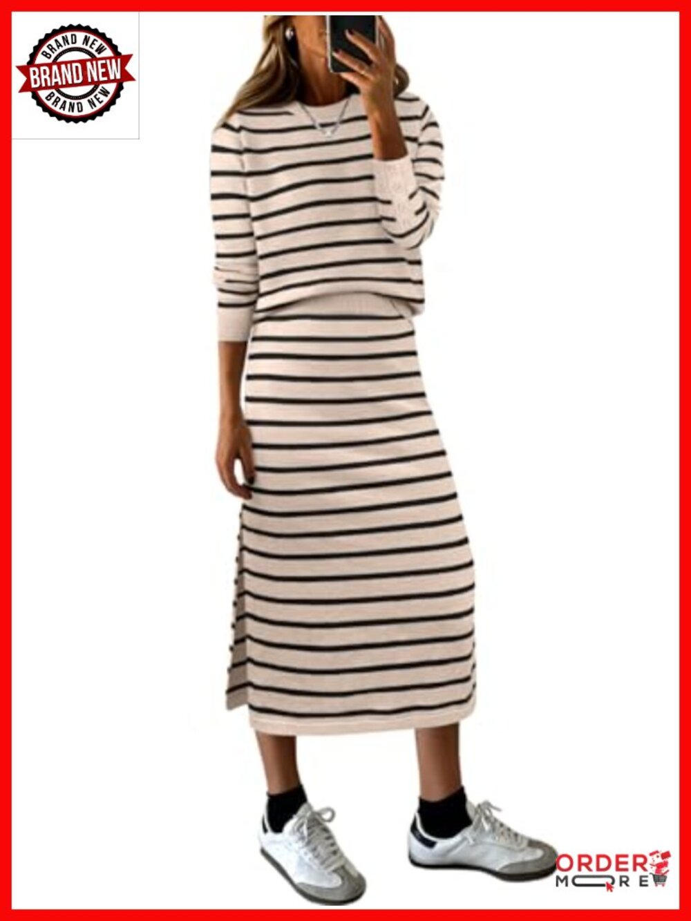 Women 2 Piece Striped Sweater Skirt Set Loose Fit Long Sleeve Midi Skirt